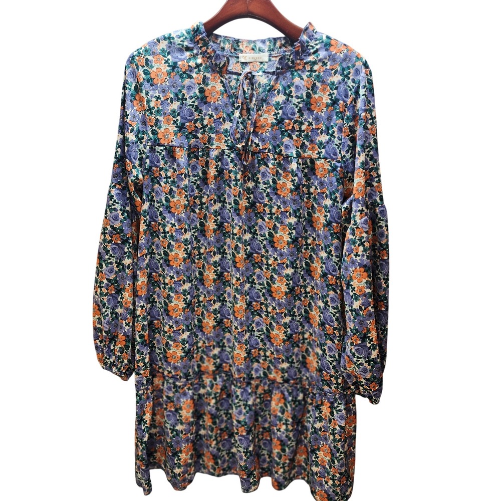 Kirundo Womens Boho Floral Ruffle Neck Tiered Mini Dress Purple Orange Large